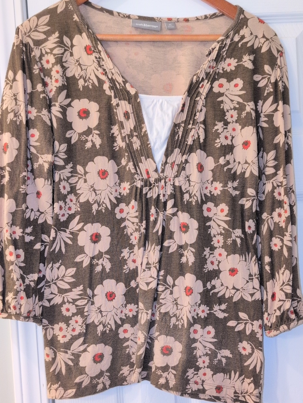 croft & barrow Brown Floral Split-Neck Tunic with Cream & Coral Accents